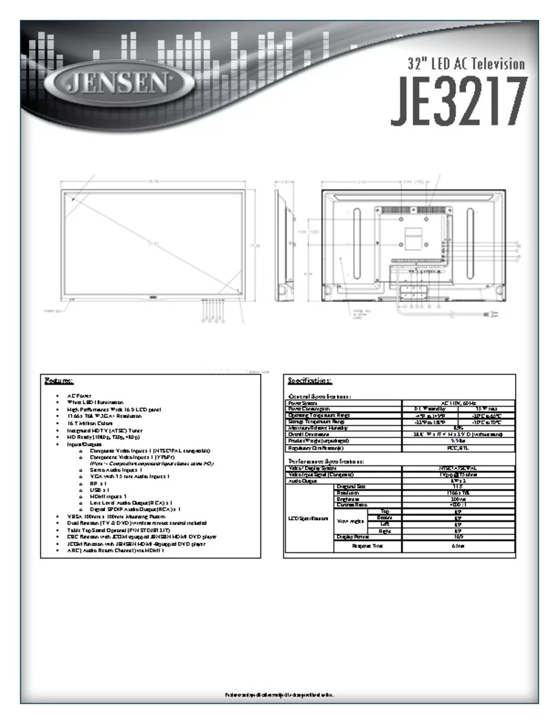 JENSEN JE3217 32" LED AC Television with Integrated HDTV (ATSC) Tuner and Remote Control, 1366 x 768 WXGA+ Screen Definition, HDTV Ready (1080p, 720p, & 480p), High Performance Wide 16:9 LCD panel, 110V AC