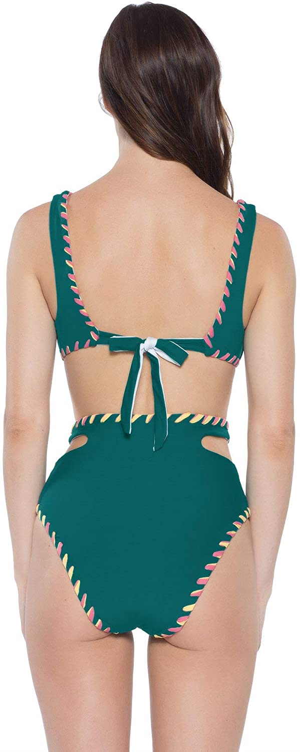 BECCA Women's Teal Cut Out Tie Back Reversible Swimwear Top L