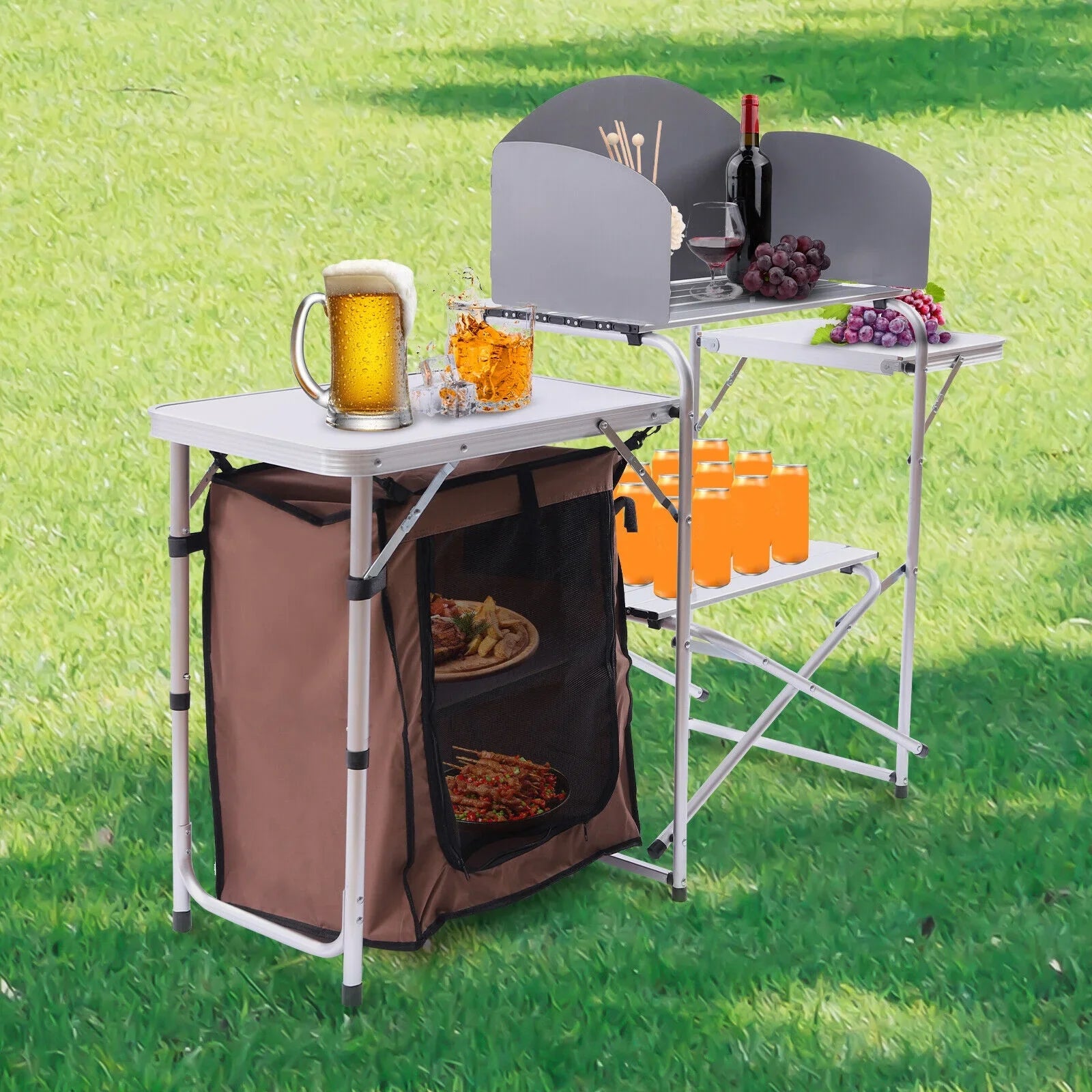 Miumaeov Portable Camping Kitchen Table Picnic Cabinet Folding BBQ Table Storage Rack