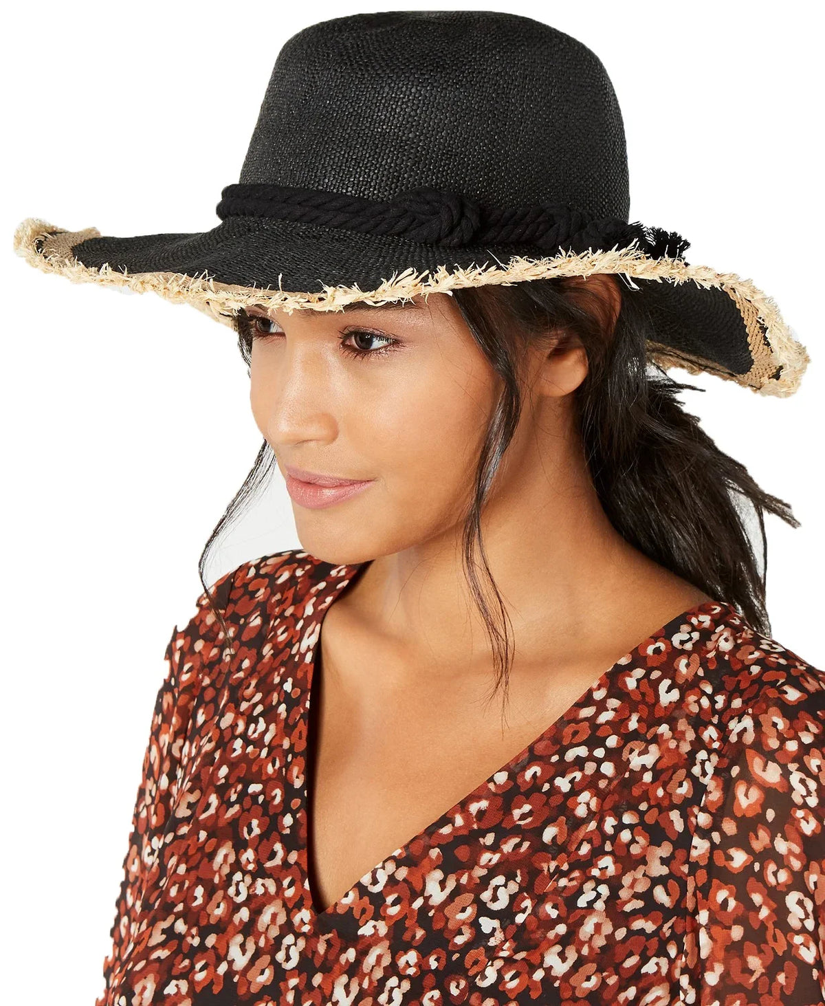INC International Concepts Women’s Twisted Straw & Rope Detail Floppy Hats, Black