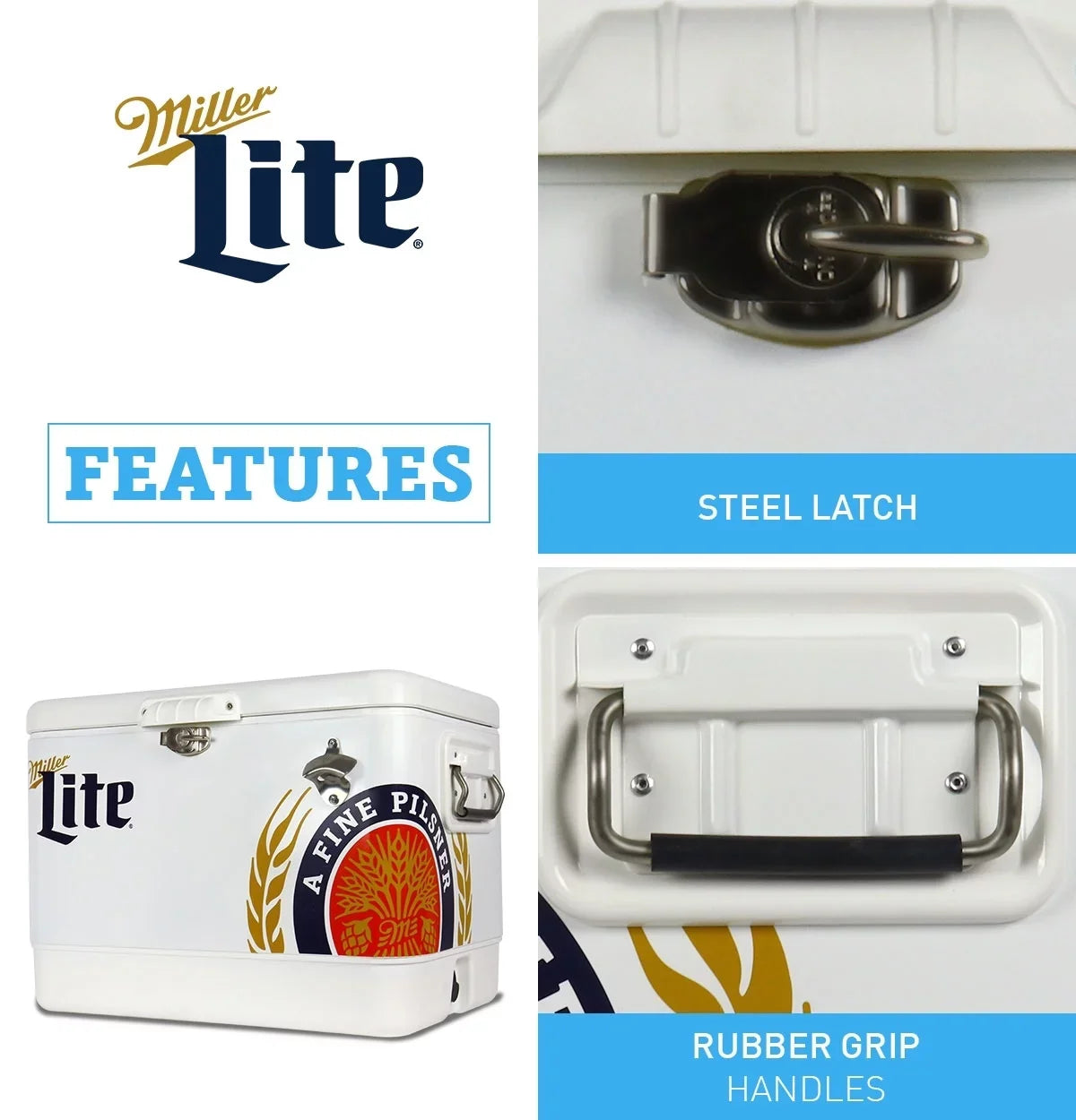 Miller Lite Ice Chest Beverage Cooler with Bottle Opener, 51L (54 QT), 85 Can steel-belted Portable Cooler, White and Blue, for Camping, Beach, RV, BBQs, Tailgating, Fishing