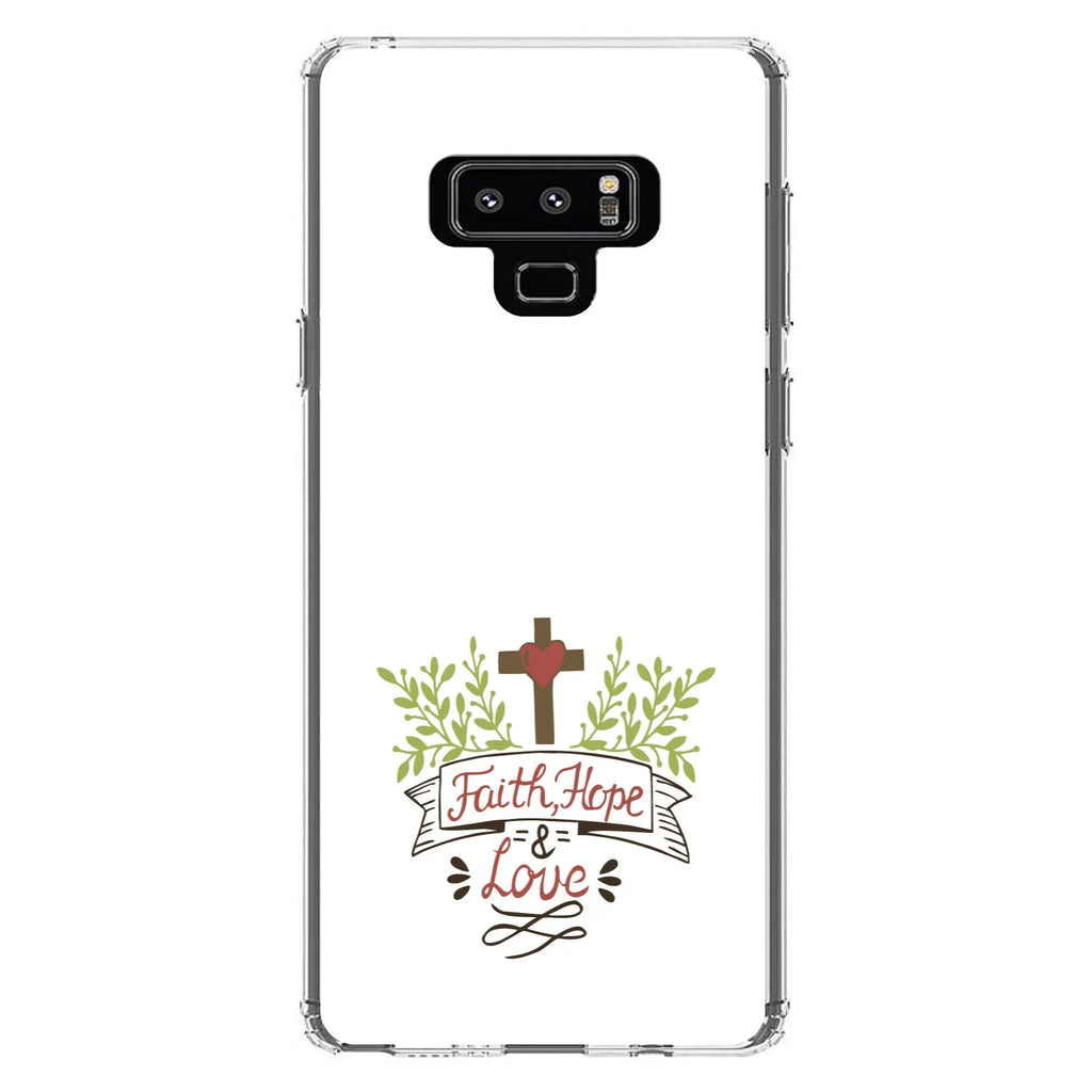 DistinctInk Clear Shockproof Hybrid Case for Samsung Galaxy Note 9 - TPU Bumper, Acrylic Back, Tempered Glass Screen Protector - Faith, Hope & Love - Cross & Leaves