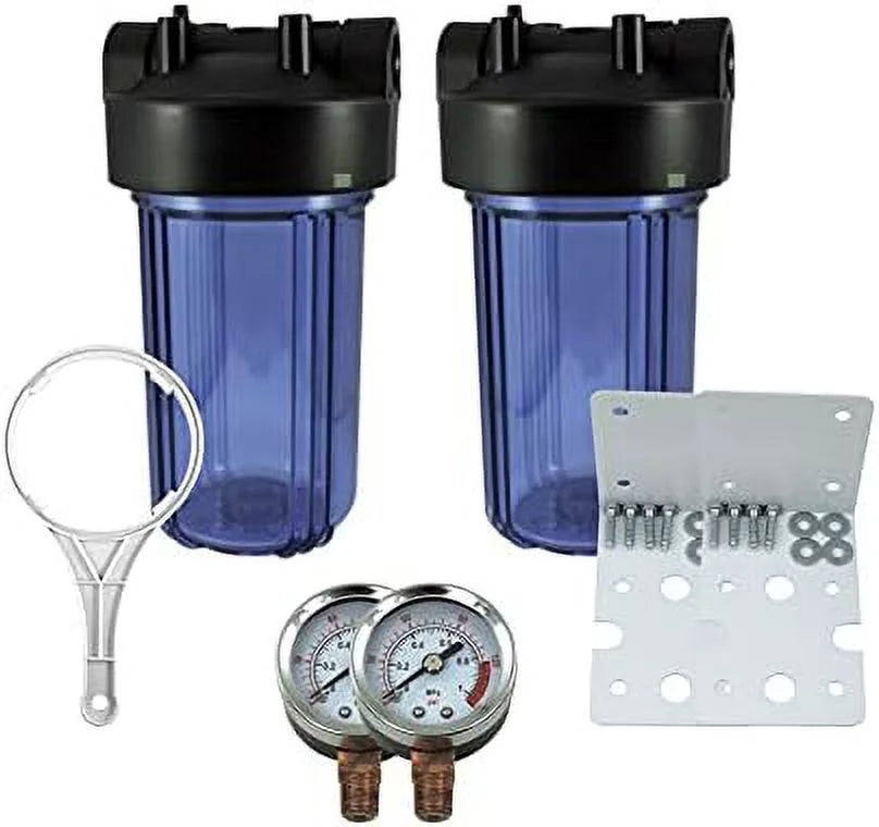 2 Pack 10" BB Clear Whole House  System Filter Housing 1" NPT Brass Ports W/Pressure Release, 2 Pressure Gauges, Wrench  2 Brackets