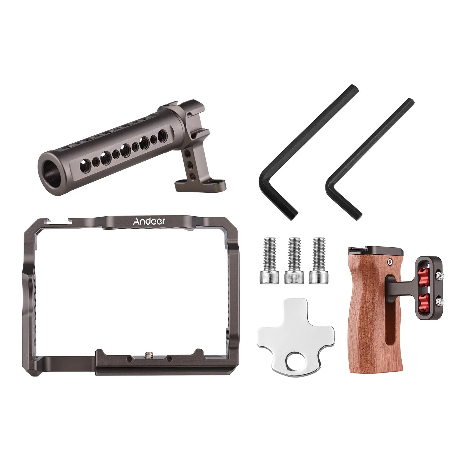 Andoer Aluminum Alloy Camera Cage Kit with Video Rig Handle Wooden Grip Replacement for Sony A7R III/ A7 II/ A7III