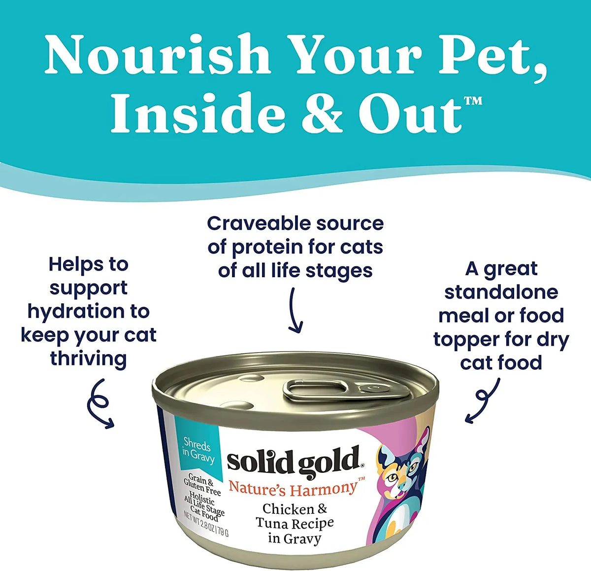 Solid Gold Canned Cat Food - Nature's Harmony Wet Cat Food Shreds in Gravy - Grain & Gluten Free Cat Wet Food Made with Real Chicken & Tuna for Sensitive Stomach Support & Digestive Health - 24 Pack