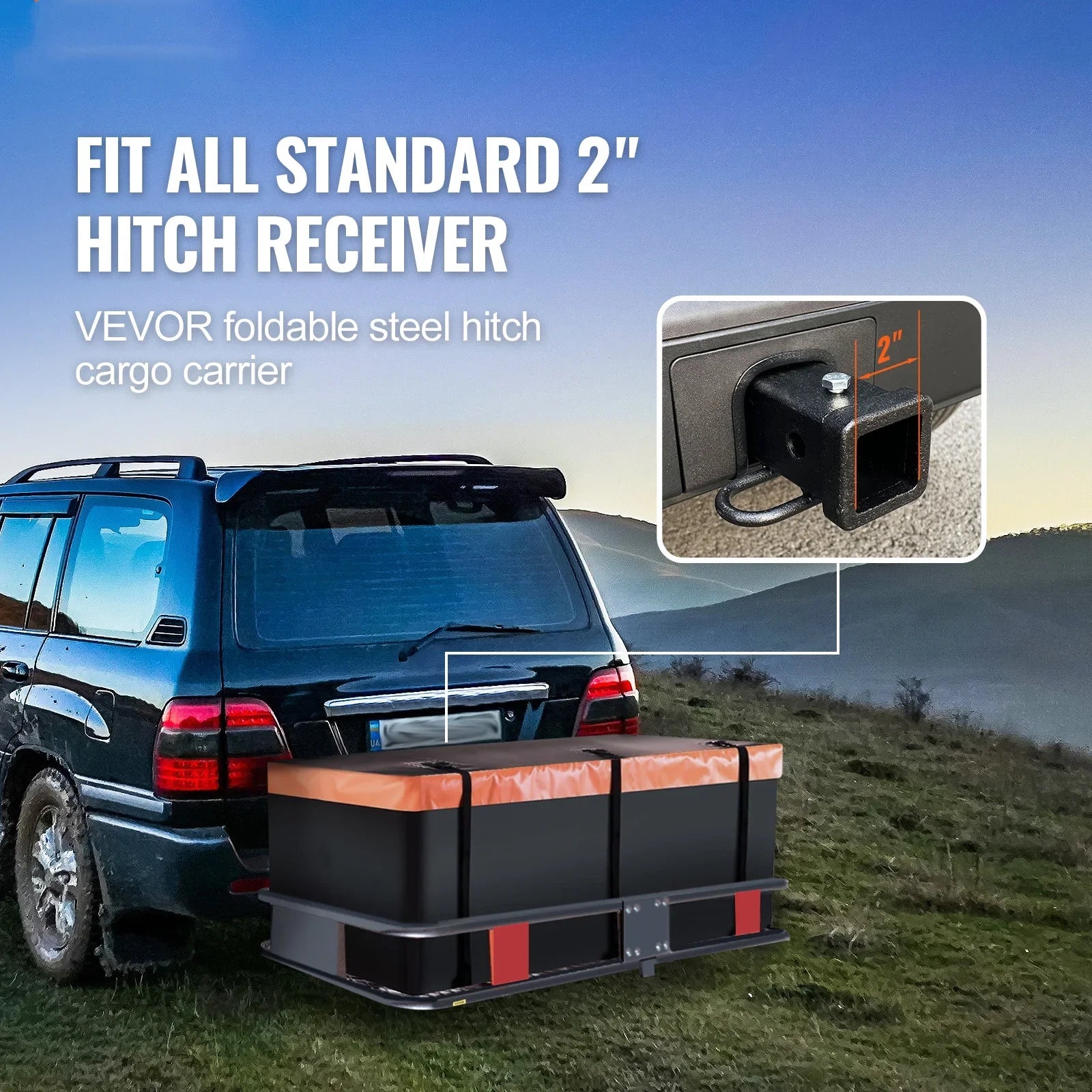 BENTISM Hitch Mount Cargo Carrier 60x24x6in 500lb Foldable Steel Cargo Basket with Waterproof Bag Cargo Net Ratchet Straps Fits 2" Receiver