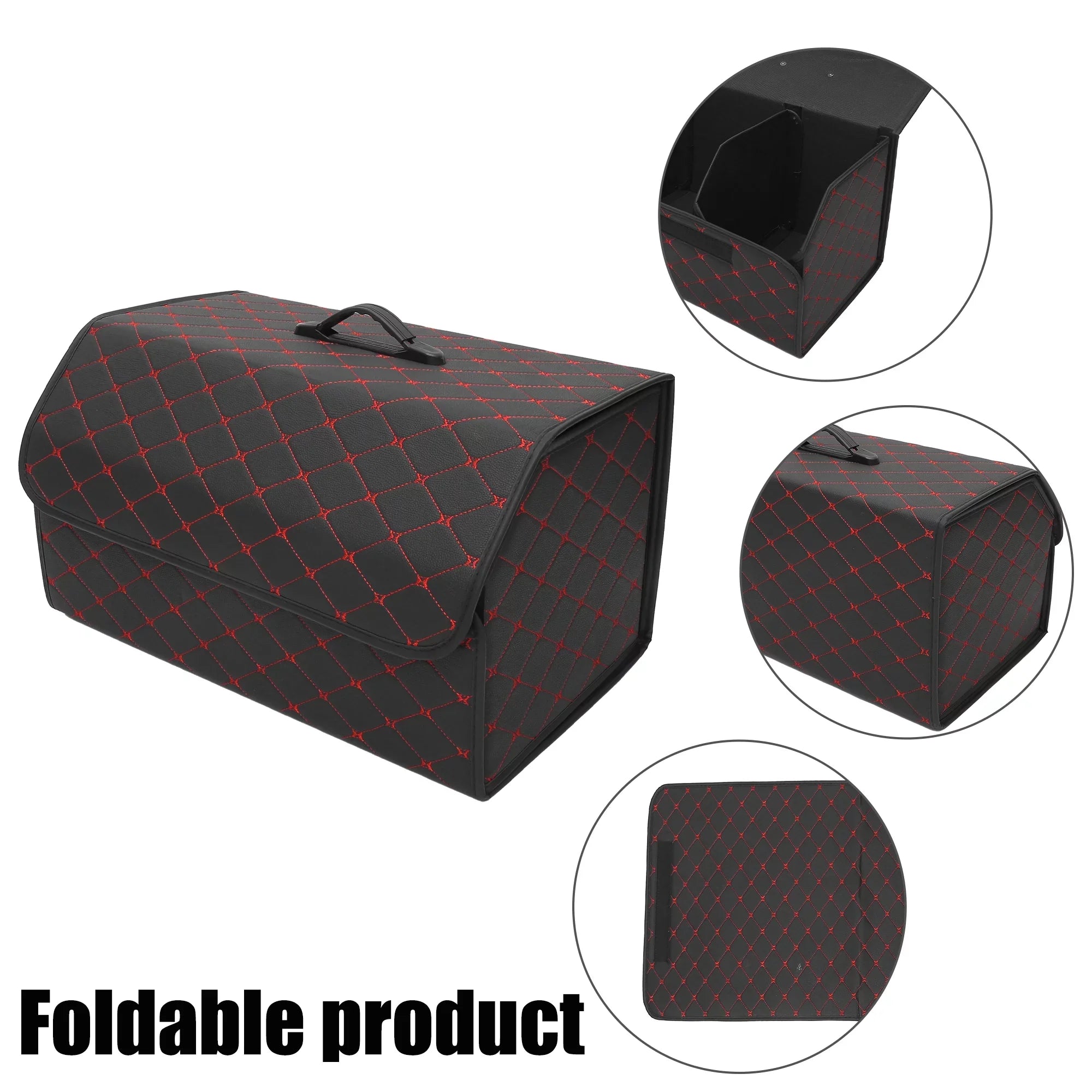 54x31x29cm Black PU Leather Car Storage Bag Trunk Organiser Foldable Boot Bag with Handle for Truck SUV Red Stitches