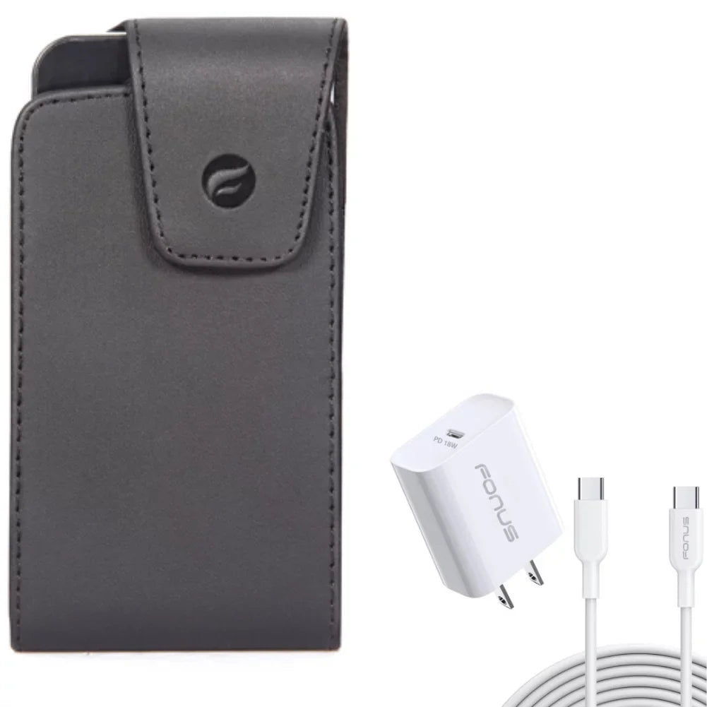 10ft Long Cable Fast Type-C 18W PD Home Charger w Swivel Leather Case Belt Clip for LG Premier Pro Plus (L455DL) - Lively Jitterbug Smart3 - Motorola One Zoom, Moto Z4 Z3 Play Z2 Play Force