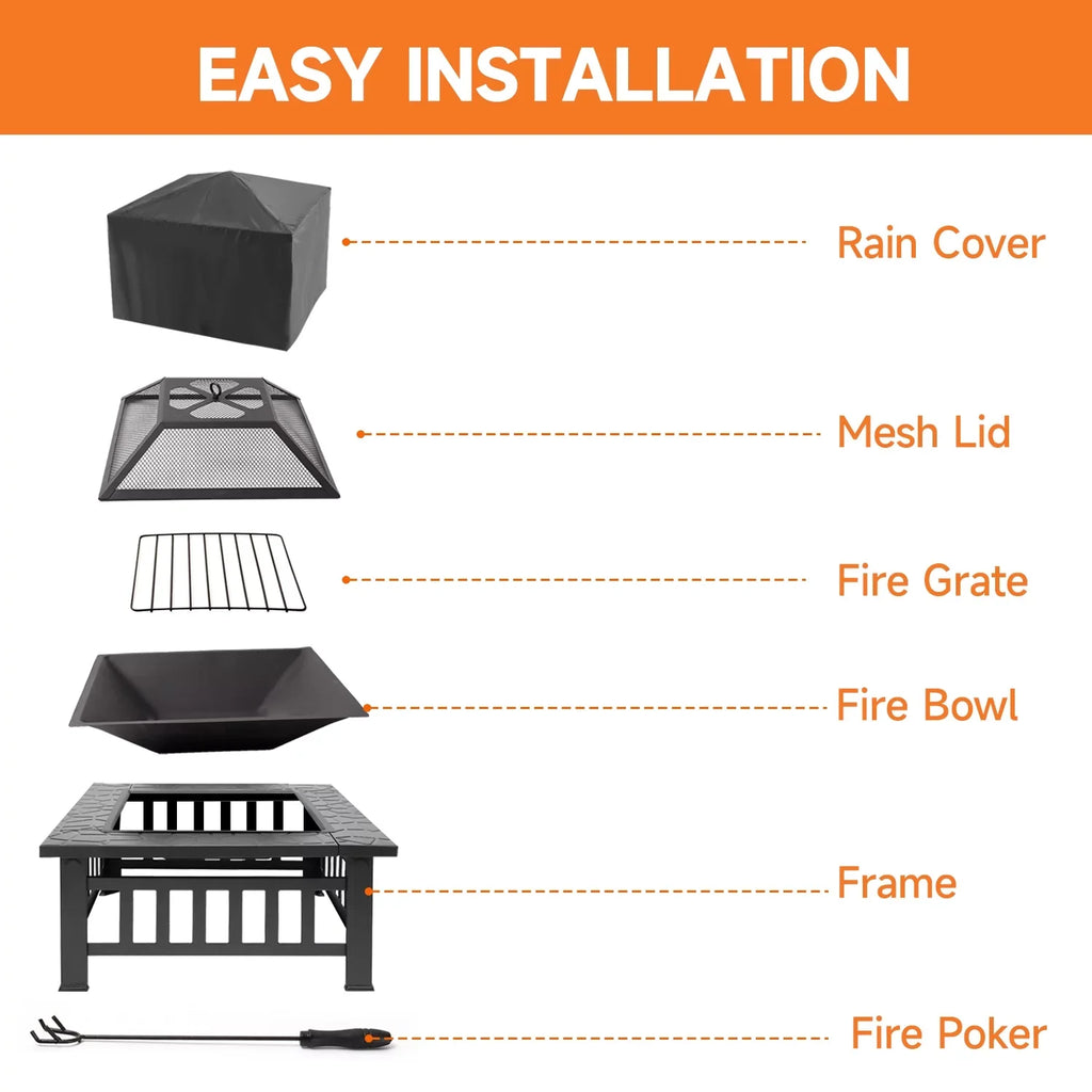 GSE Games & Sports Expert 32" Heavy Duty Square Patio Wood Fire Pit Table with Spark Screen Cover, Log Grate, Waterproof Cover and Fire Poker for Outdoor Backyard, Garden, Bonfire