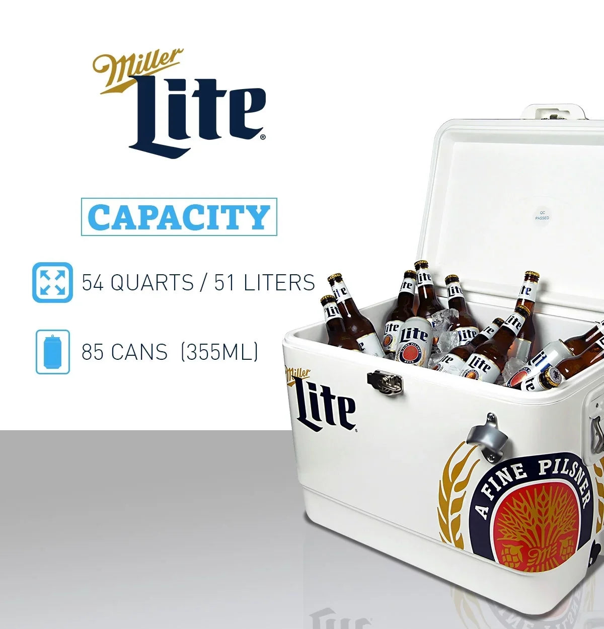 Miller Lite Ice Chest Beverage Cooler with Bottle Opener, 51L (54 QT), 85 Can steel-belted Portable Cooler, White and Blue, for Camping, Beach, RV, BBQs, Tailgating, Fishing