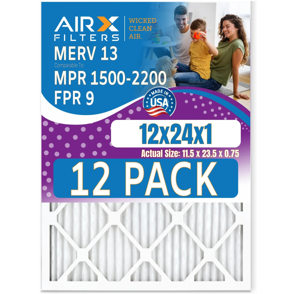 12x24x1 Air Filter MERV 13 Rating, 12 Pack of Furnace Filters Comparable to MPR 1500 - 2200 & FPR 9 - Made in USA by AIRX FILTERS WICKED CLEAN AIR.