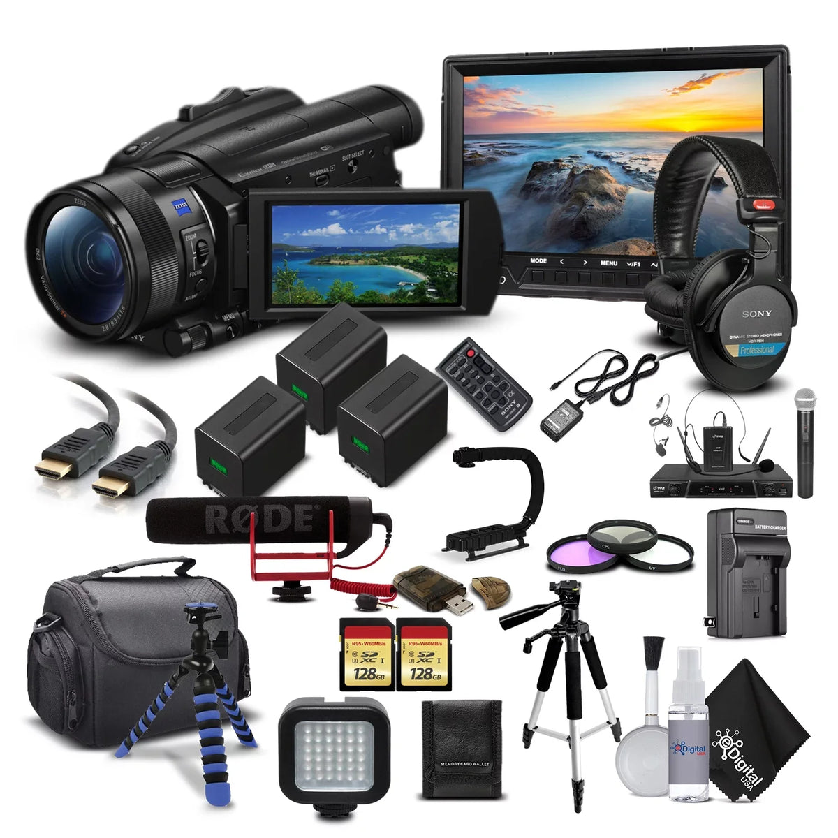 Sony Handycam FDR-AX700 4K HD Video Camera Camcorder + 2 extra Batteries and Charger + 128GB Memory Card + Hard Case + M