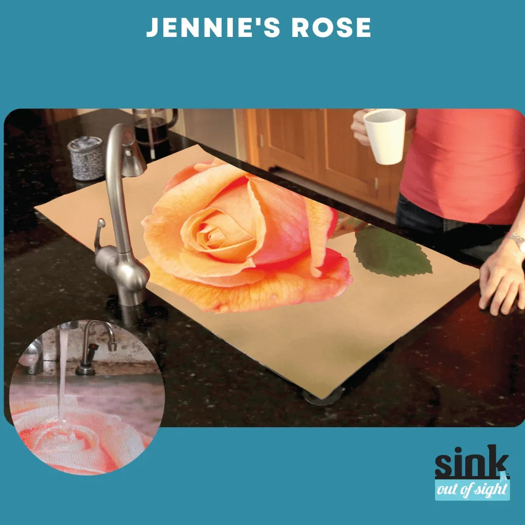 Sink Out of Sight- Home Décor Kitchen Sink Cover, Hot/Cold Liquids and Debris pass through cover, 5 Designs, 2 adjustable sizes. Design: Jenny's Rose Size 39.5"X20" for double sink coverage -SK2-JR2-a