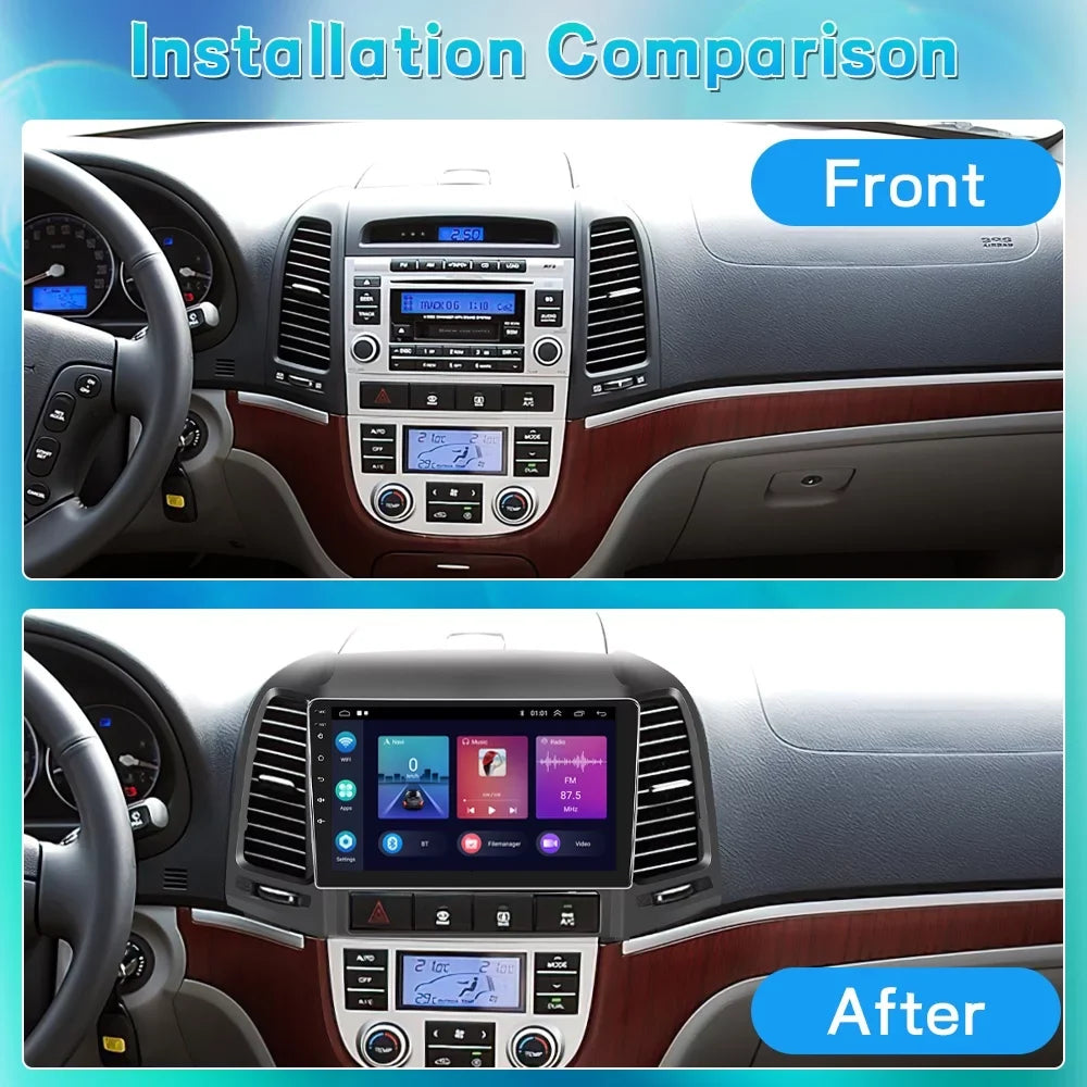 Podofo 2+64G for Hyundai Santa-fe 2006-2012 9'' Car Stereo Radio Wireless Carplay Android Auto Mirror Link Android 13 WIFI GPS FM Bluetooth USB Hifi,AHD Backup Camera